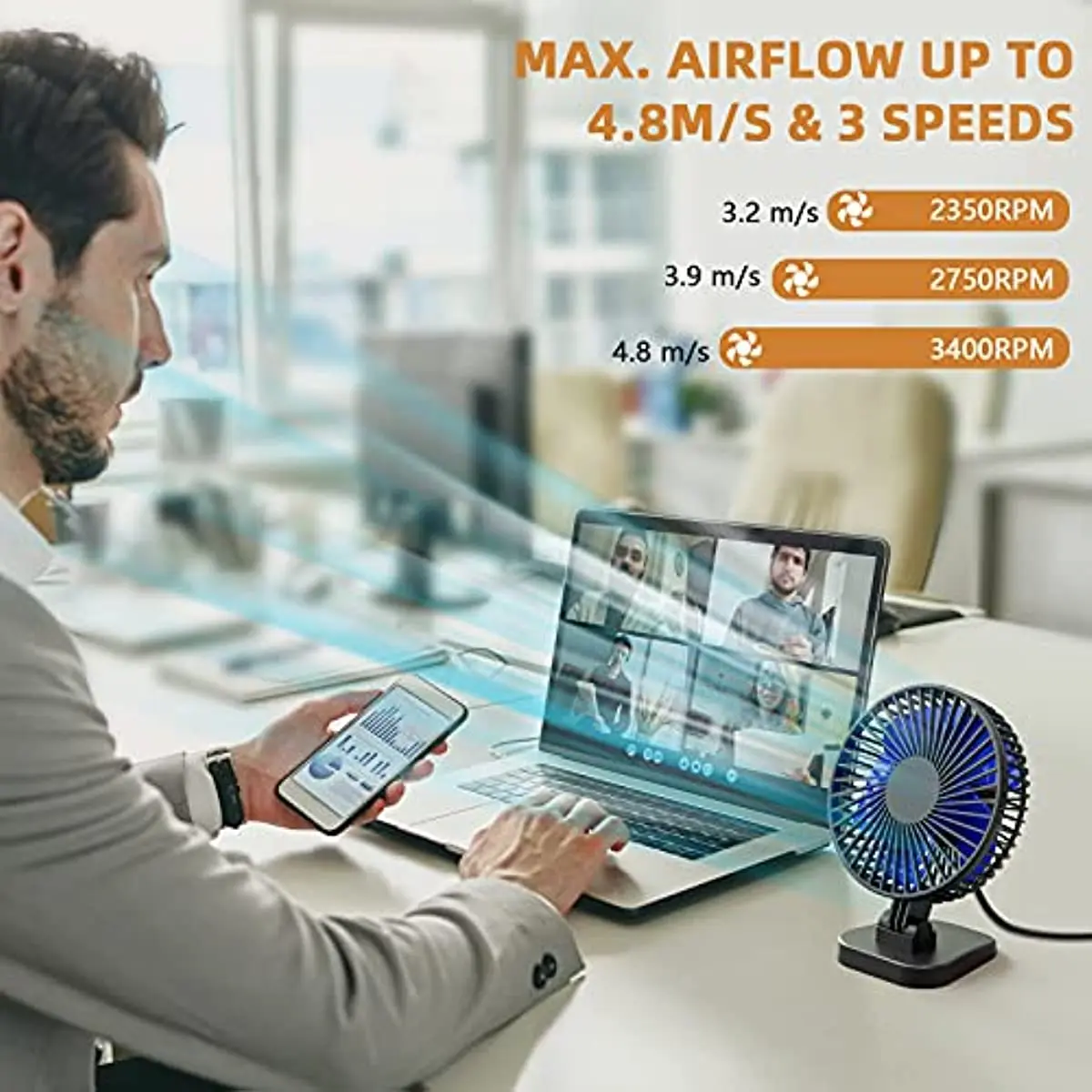 USB alimentado pequeno Desk Fan, fluxo de ar Ultra Silencioso, Tabela Fan, 40 ° Cabeça Ajuste, 3 Velocidades, 4"