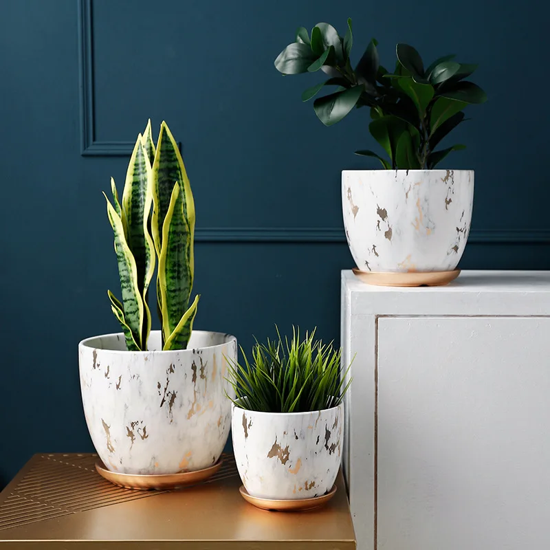 1pc Ceramic Flower Pot Marble Pattern Literary Modern Nordic Style