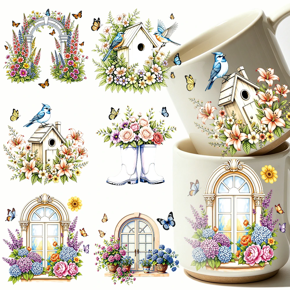 6pcs Heart-shaped Flowers UV DTF Transfer Stickers Flowers Bird's Nest Windowsill Transfer Sticker Washable Stickers Decoration