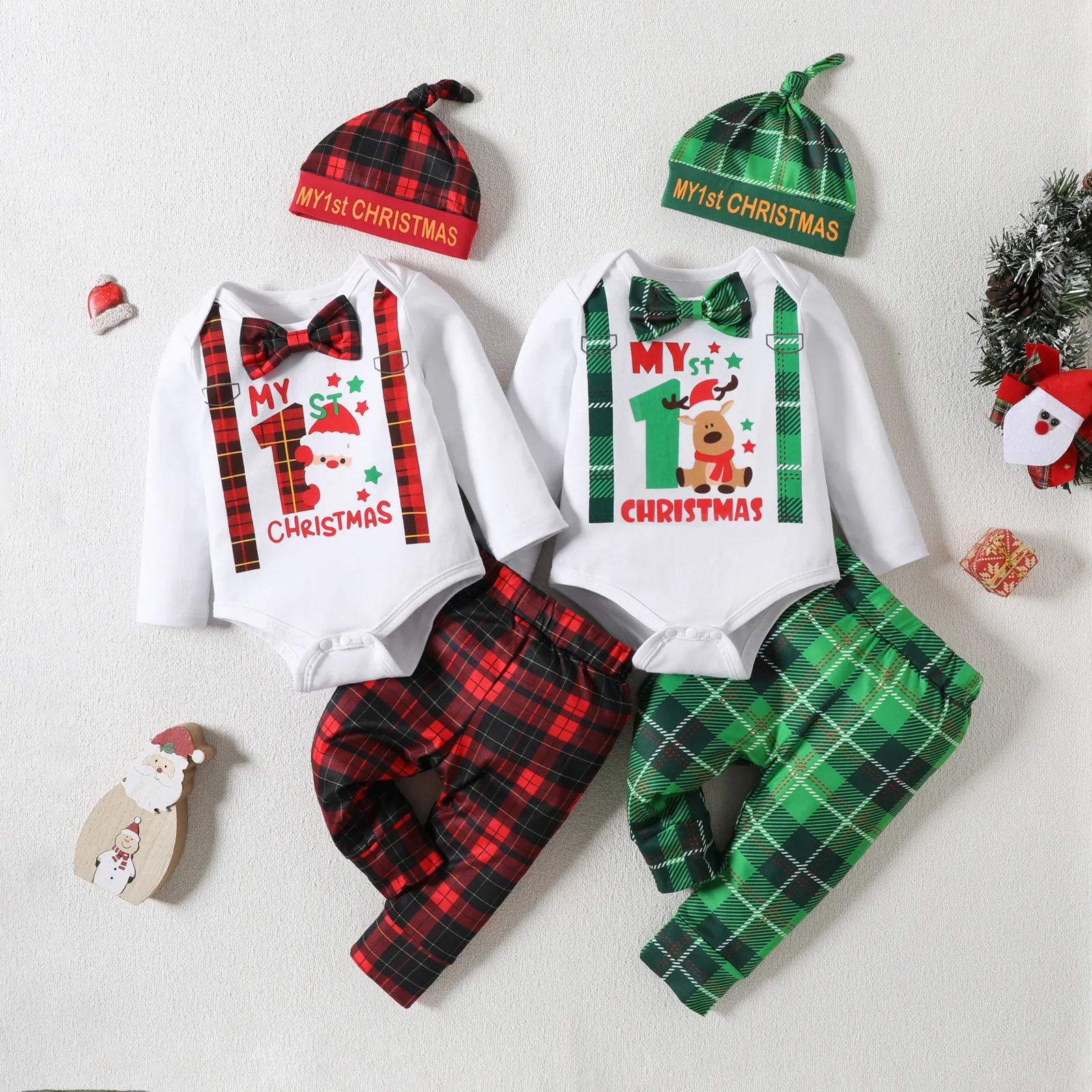 

2025 Baby and children's clothing foreign trade Christmas first Christmas old man plaid printed three-piece set