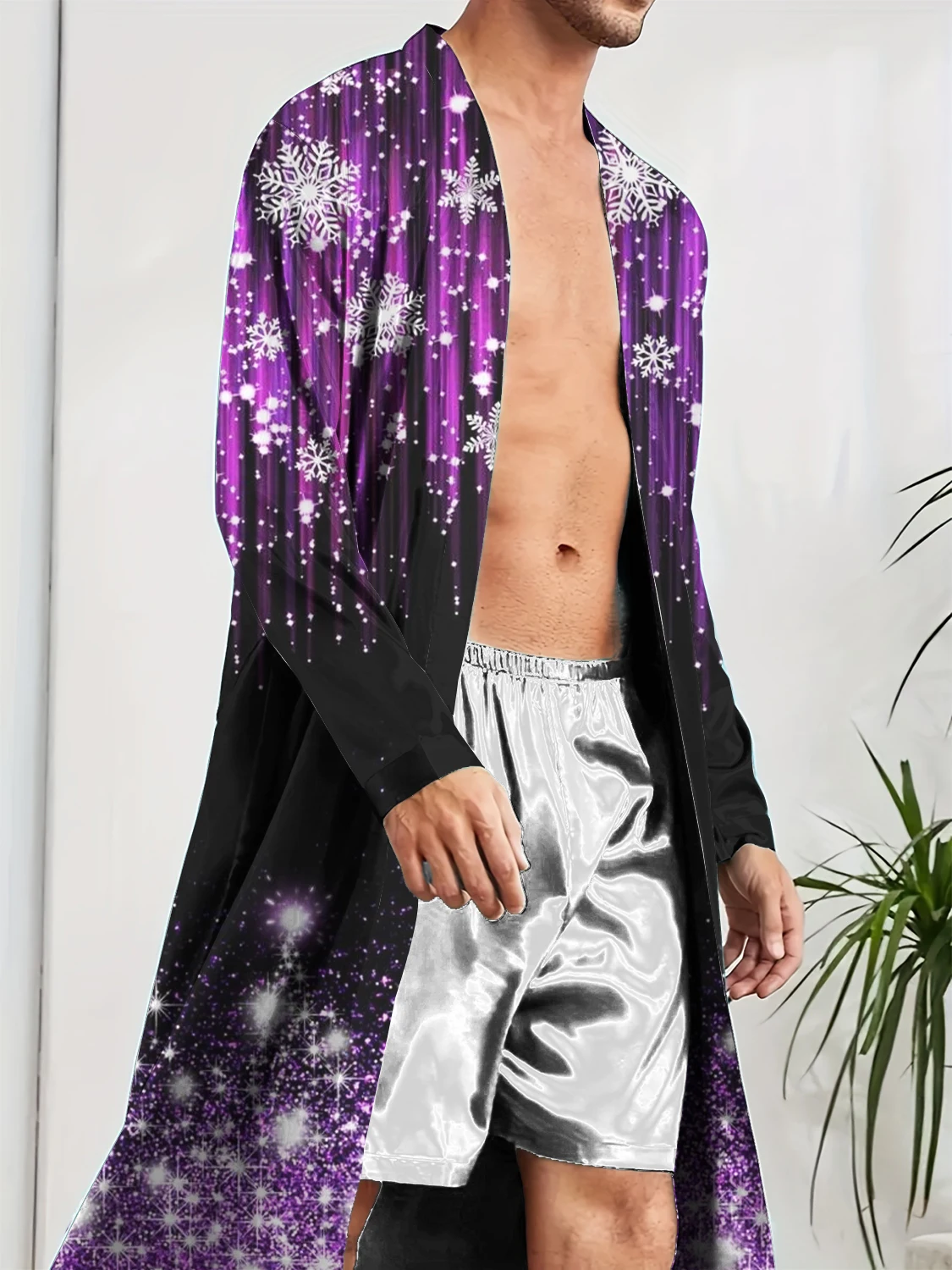 Spring and Autumn Digital Printed Snowflake Element Pattern Men's Bathrobe Home Trend, Men's Casual Robe Quick Drying.