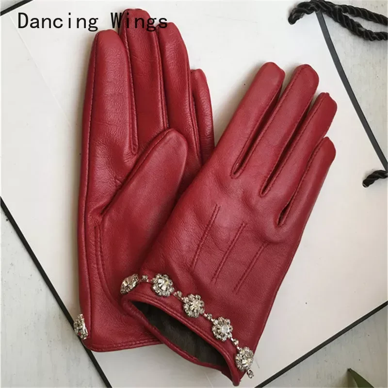 

100% Genuine Leather Gloves Female Winter Sheepskin Shinning Diamond Thicken Touch Screen Gloves Women Warm Driving Gloves