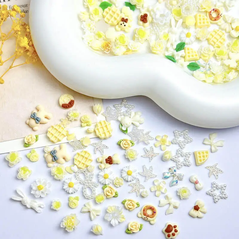 Random Mixed Cute Bear Flowers Nail Art Decorations Resin Creamy Yellow Bow Waffle Gentle Style Nail Charms DIY Manicure Crafts