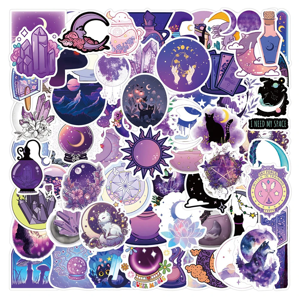 10/30/50/110pcs Cartoon Purple Magic Witch Stickers Crystal Moon Cartoon Sticker Suitcase Notebook Phone Guitar Aesthetic Decals