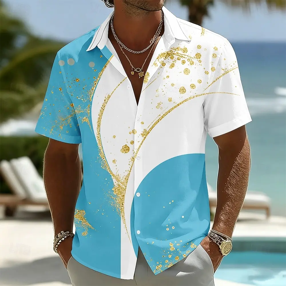 Men's Spring Summer 3D Printed Lapel Shirt, Blue White Contrast Gold Glitter Curve Abstract Print Summer Beach Leisure Top