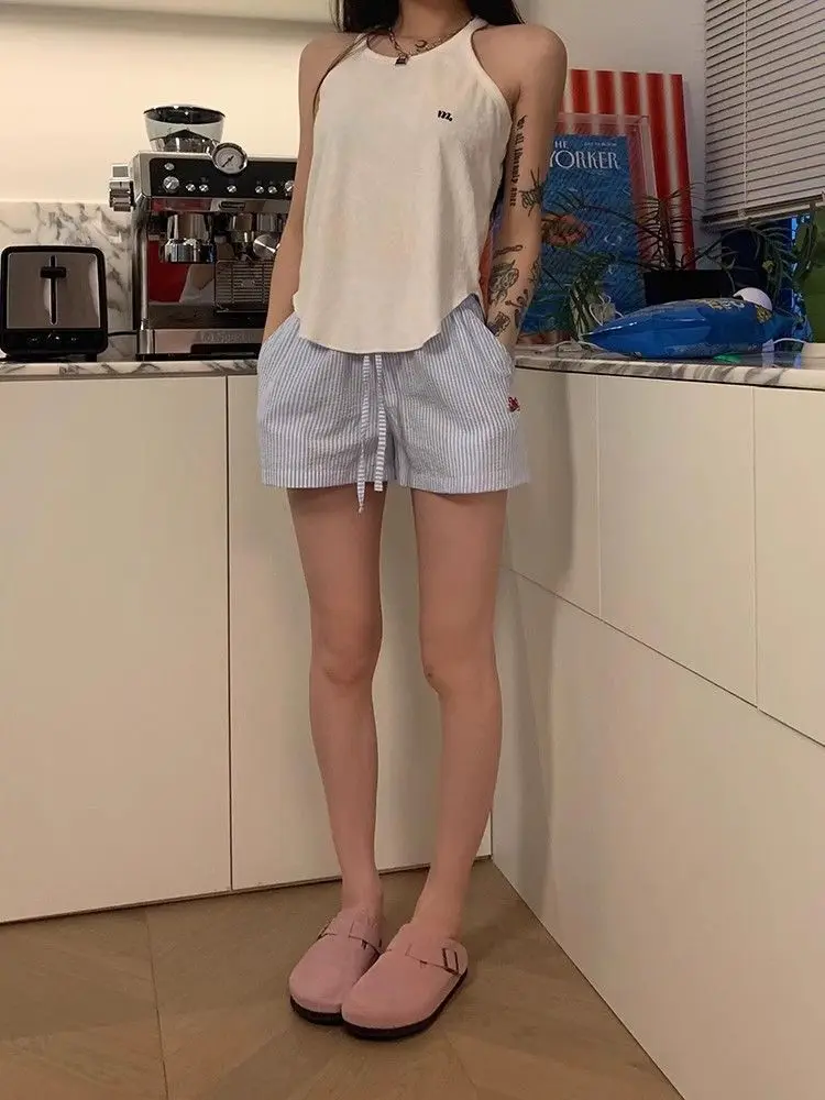Y2K 스트라이프 반바지 여성용 하라주쿠 블루 박서 반바지 스트라이프 밴딩 반바지 포켓 한국 스타일 비치 반바지