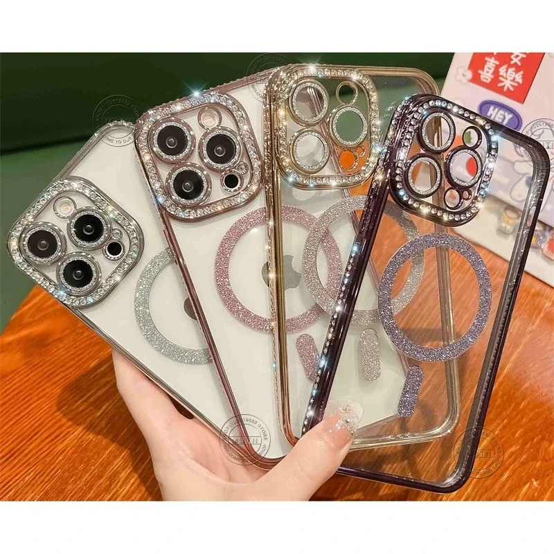Прозрачные чехлы с бриллиантами для iPhone 16, 15, 14, Plus, 13, 12, 11 Pro Max, магнитная беспроводная зарядка, блестящая задняя крышка, подарок для девочек и женщин