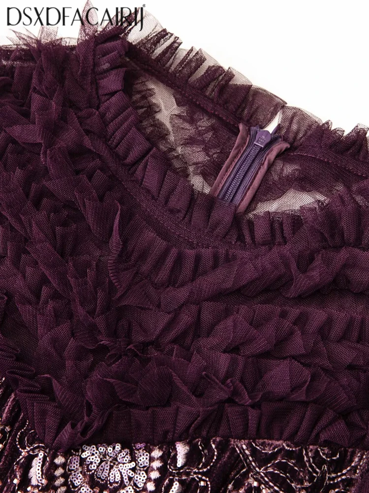 DSXDFACAIRIJ فستان ماكسي نسائي عتيق مطرز بالترتر مطرز برقبة دائرية وأكمام واسعة وكشكشة مخملية فساتين شبكية مرقعة