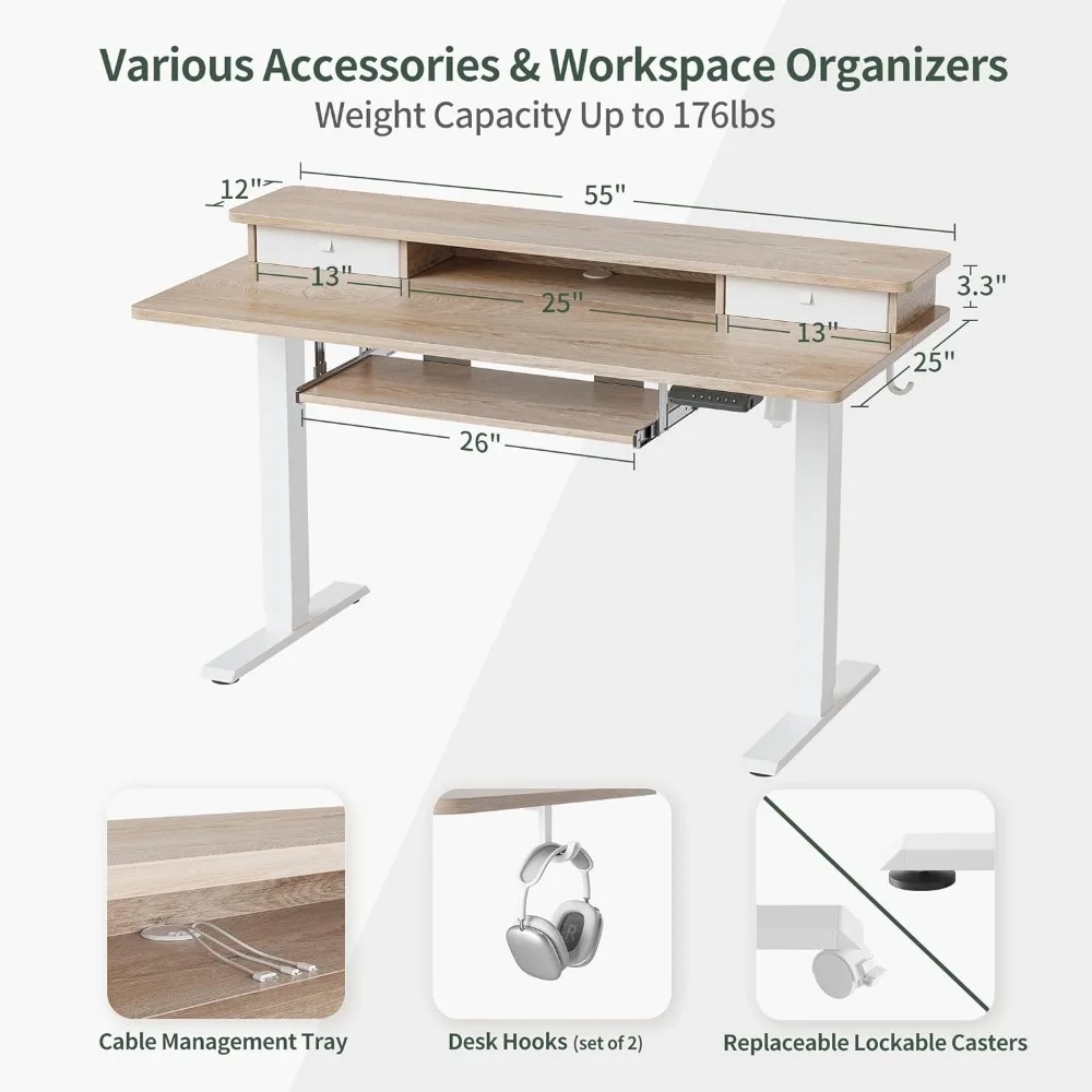 Altura ajustável elétrica Standing Desk com bandeja do teclado, Home Office Desk, computador Workstation com prateleira de armazenamento