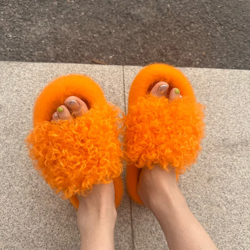 

Fluffy Furry Women's Slippers Women Mink Fur Sandals Summer Fashion Fur Slides Woman Open Toe Non Slip Home Floor Wool Shoes