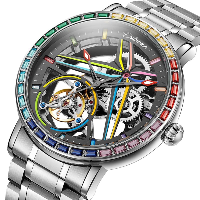 Rainbow Colored Gemstone Tourbillon Fashion Skeleton Watch Men Waterproof 30M Sports Watches Luxury Automatic Mechanical Clock