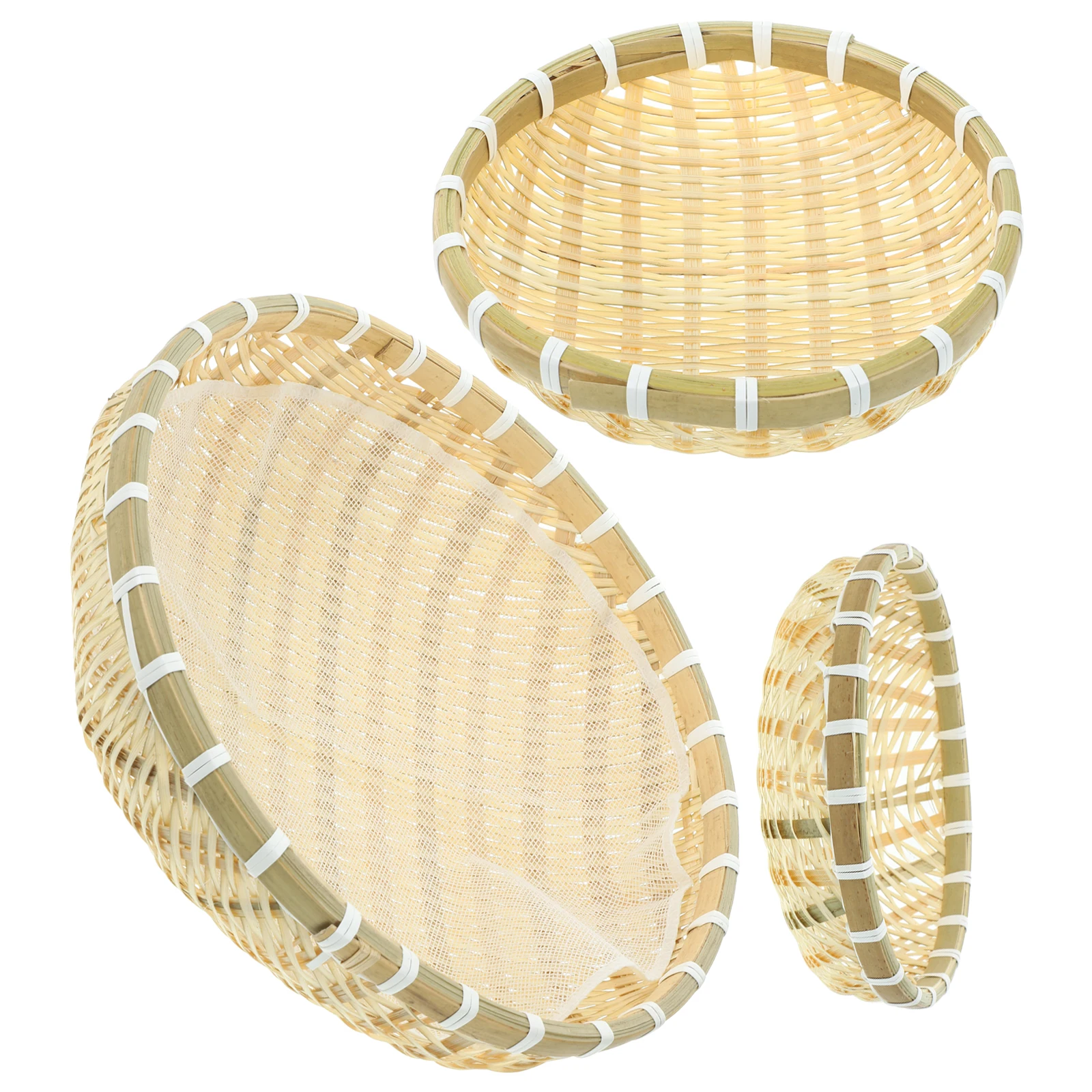 

3Pcs Bamboo Woven Fruit Basket Set Handmade Round Storage Container Kitchen Food Washing Basket Lightweight Organizer