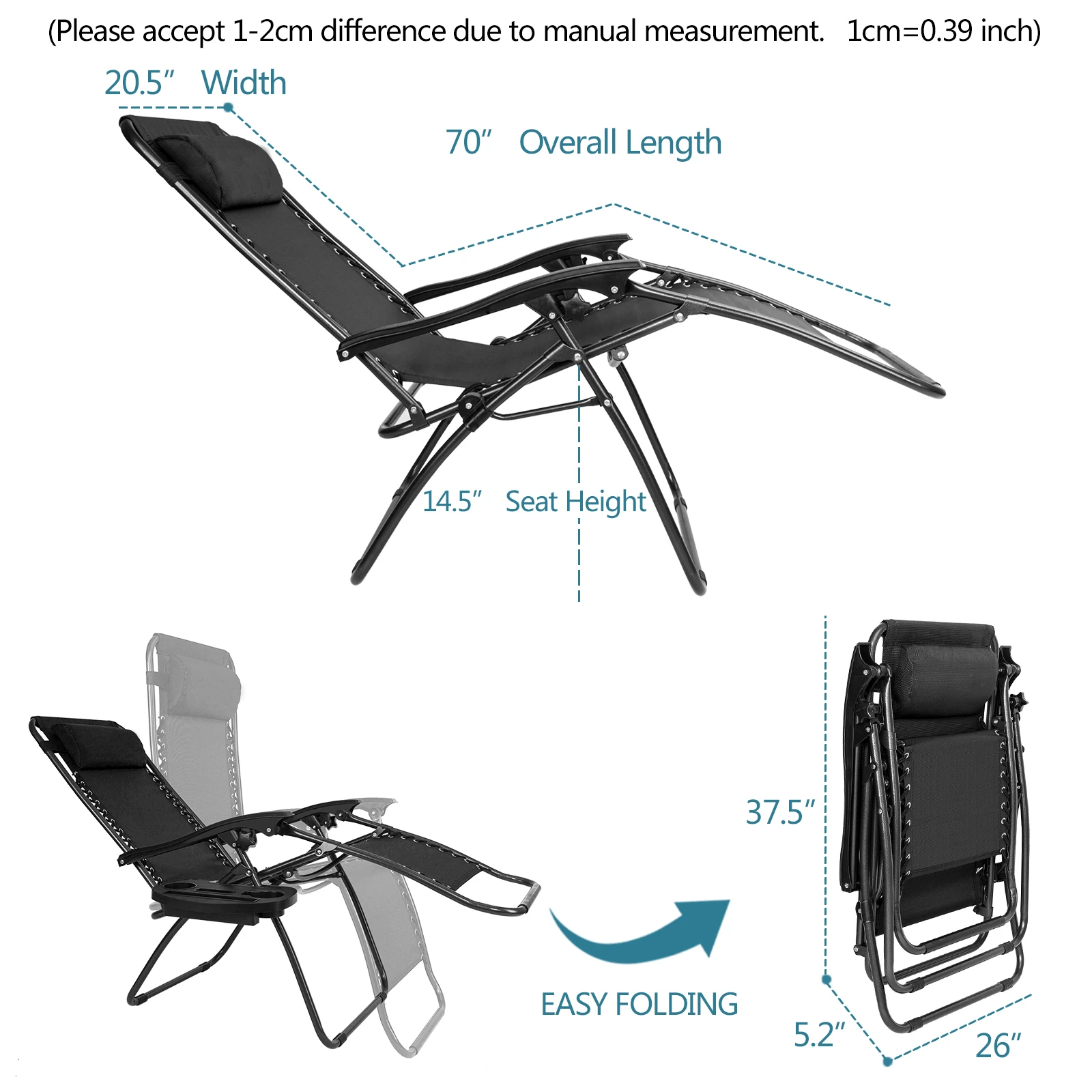 Zero Gravity Chair Pack 2, Outdoor Lounge Patio Chairs with Pillow and Utility Tray Adjustable Folding Recliner for Yard Black