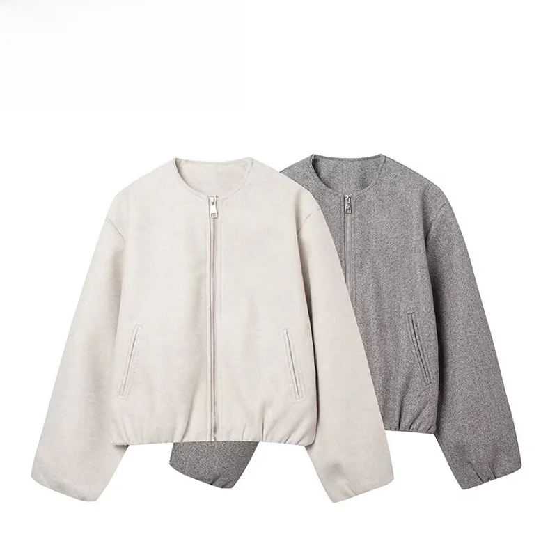 

Faionable round Ne Zipper Jaet Women's ort Outerwear ZR Autumn New Sle Polyester Fiber Long Sve Pure Color Loose...