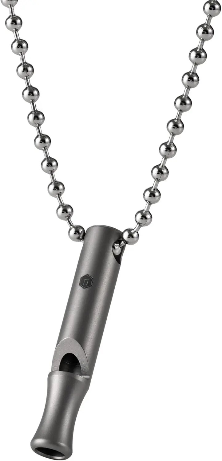 صفارة طوارئ من التيتانيوم من KeyUnity مع حبل معدني، 120 ديسيبل، صفارة نجاة خارجية من قطعة واحدة، خفيفة للغاية، مقاومة للصدأ