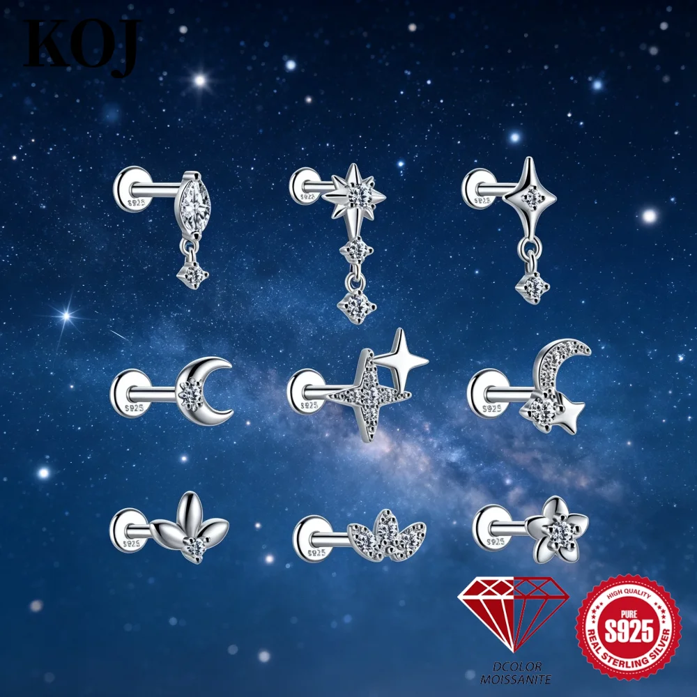 KOJ 1PC 925 Sterling Silver Moissanite Stud Earring Moon Star Flower Dangle Design For Women Delicate Daily Party Jewelry Gift