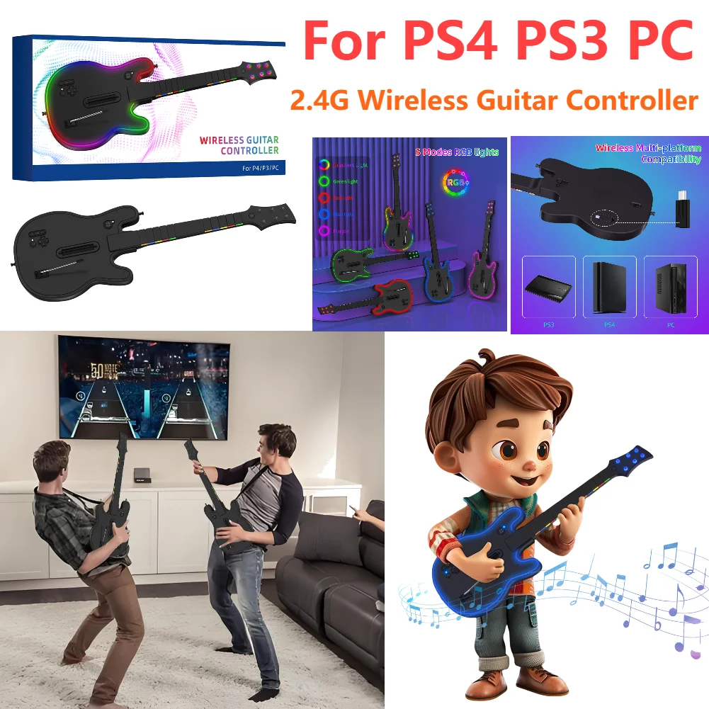 2.4G Wireless Guitar Controller for PS4 PC PS3 Compatible With Clone Hero Rock Band Games Remote Joystick Console Gaming Guitar