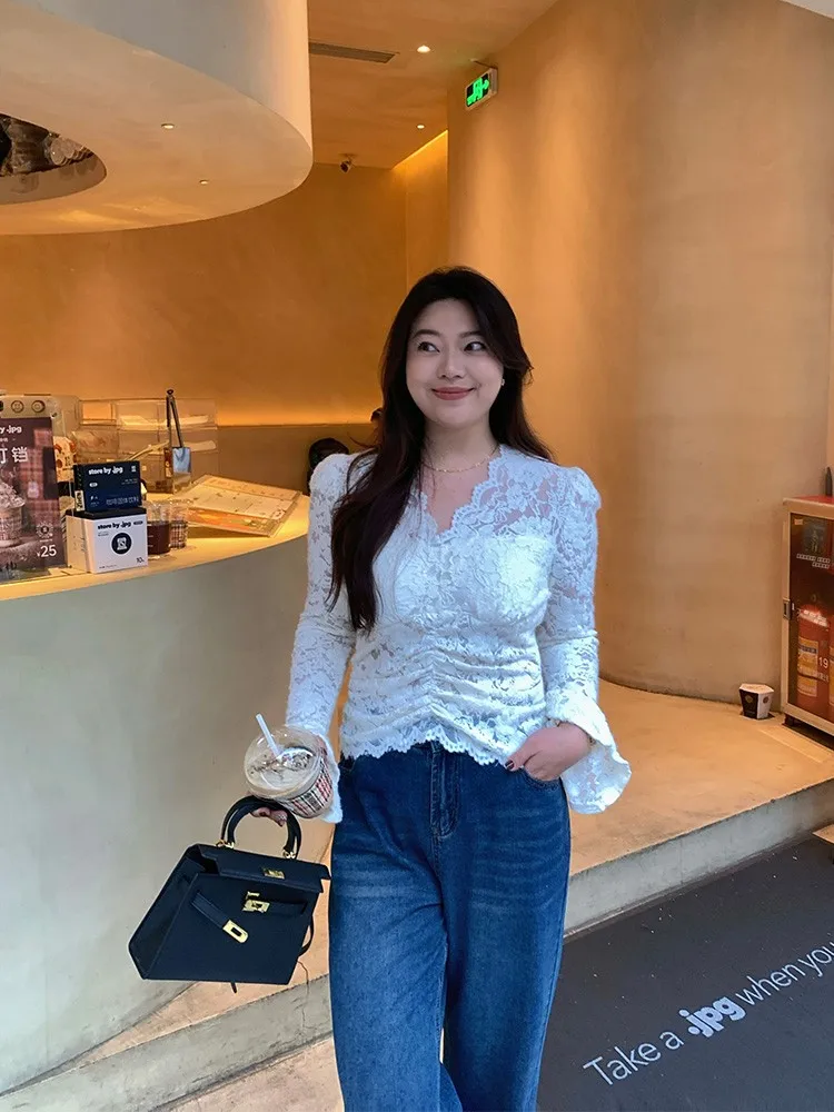 

Lin Da Hui Pure Color V-Ne Lace Top Women's Faionable plus Size Autumn Winter New Arrival Two Colors Beautiful Fat MM