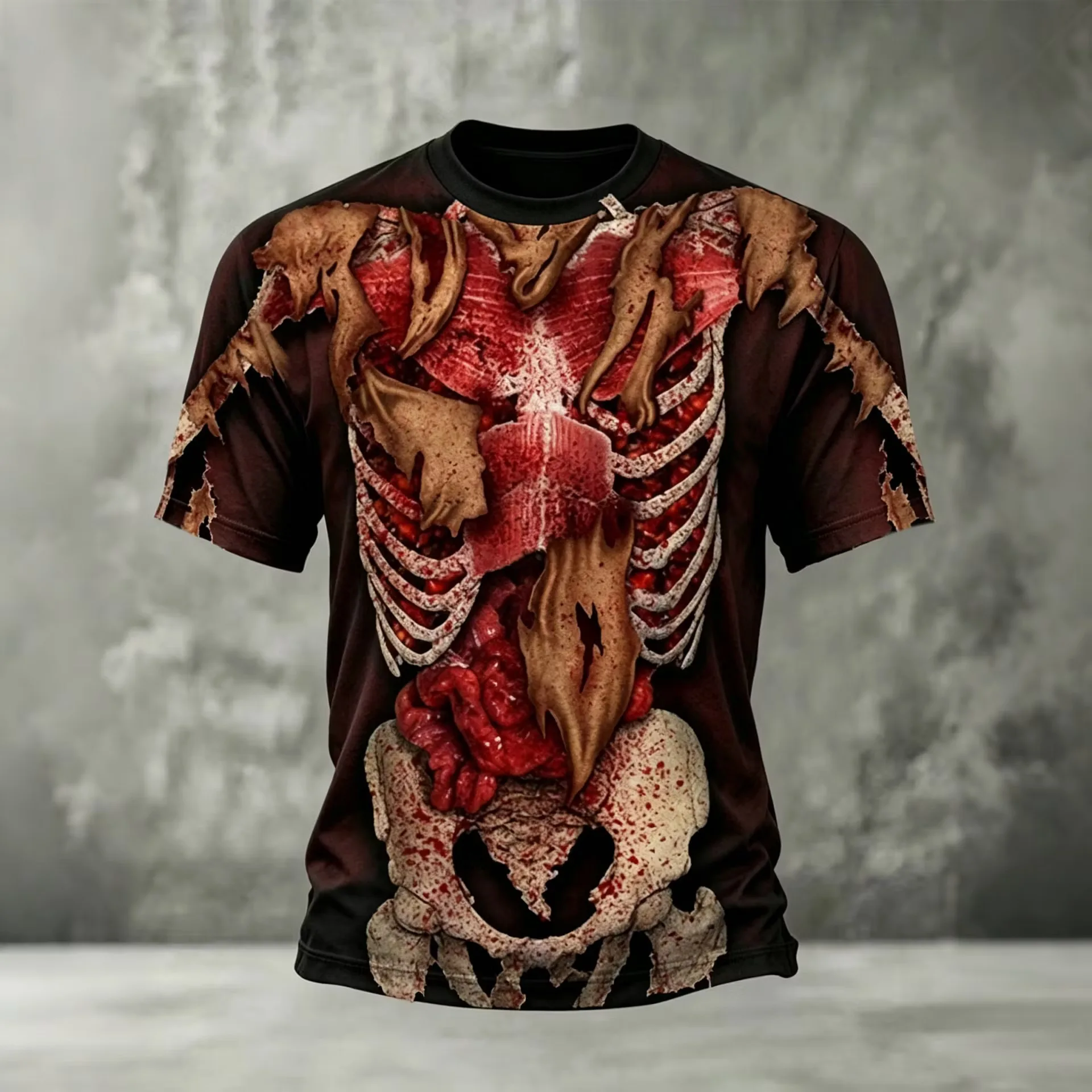 Men 3D Ripped Flesh Skeleton Print T‑Shirt Halloween Horror Bloody Organ O‑Neck Short Sleeve Party Streetwear Tee Tops