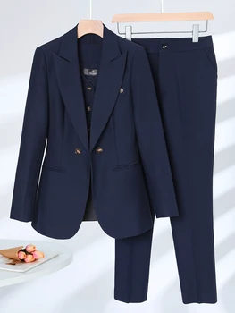 Blazer Formal para mujer, chaleco y pantalón, traje de otoño e invierno, color azul marino, rosa, albaricoque, ropa de trabajo profesional para oficina, conjunto de 3 piezas