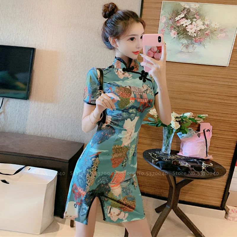 

Chinese Style Vintage Qipao Dress Women Crane Print Retro Sexy Cheongsam Elegant Bodycon Banquet Club Party Slim Dresses Vestido