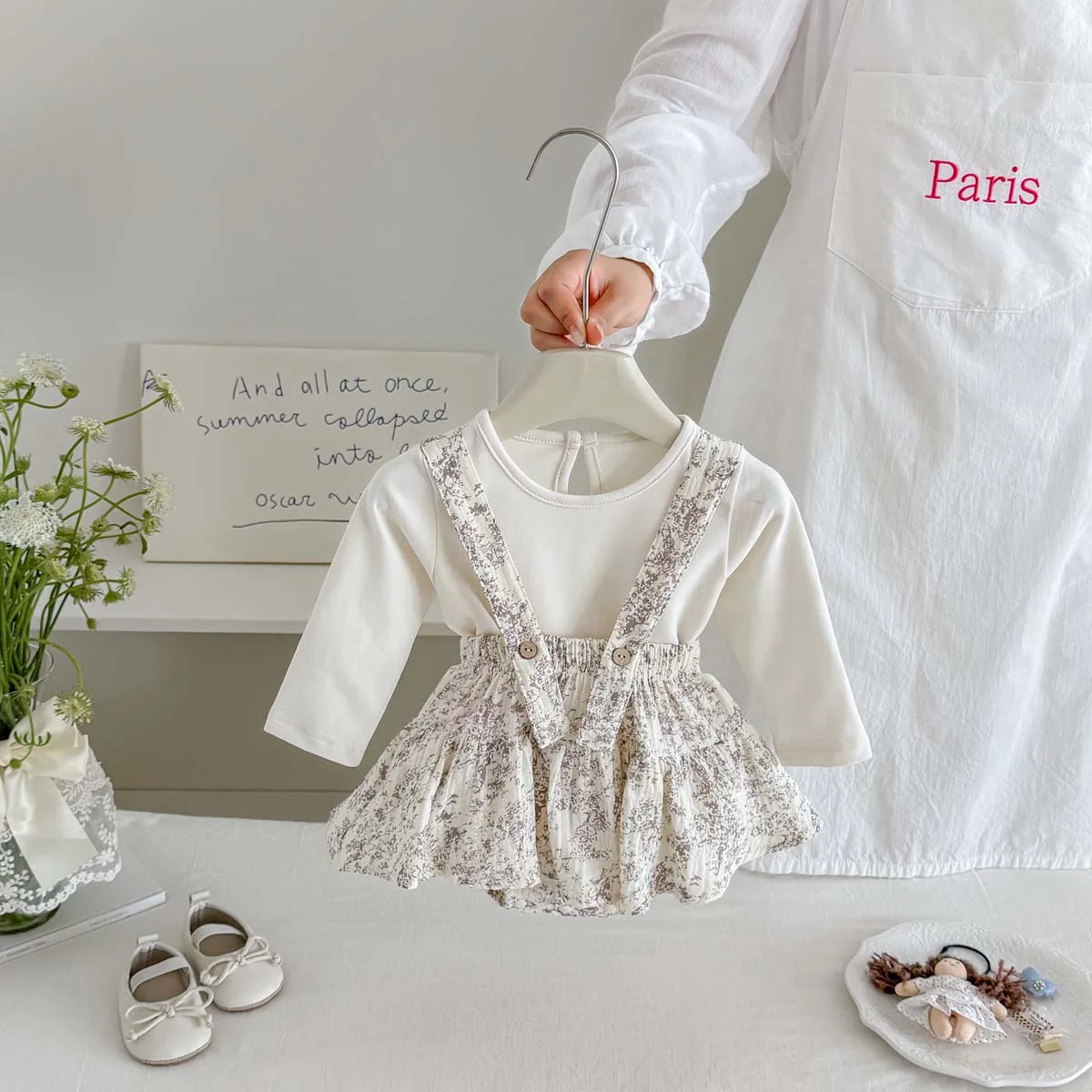 Baby Girl Spring and Autumn Two-Piece Set, Solid Color Long-Sleeve Base Shirt + Floral Suspender Skirt-Style Romper Set, Newborn Photo Shoot Outfit
