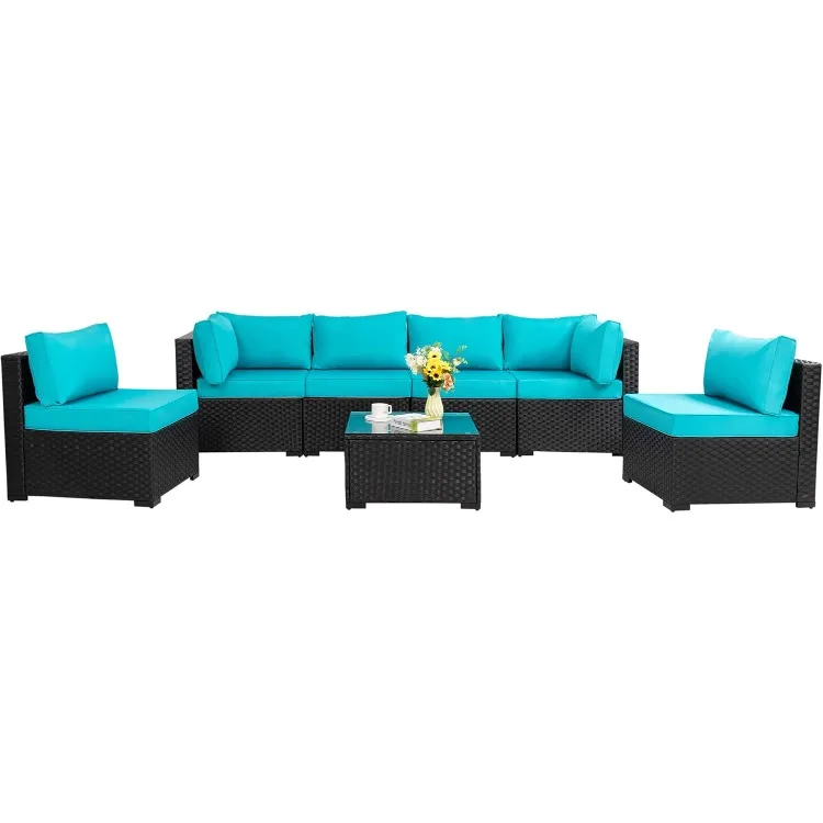 7 Pieces Outdoor Patio Sectional Sofa Couch, Black PE Wicker Furniture Conversation Sets with Washable Cushions