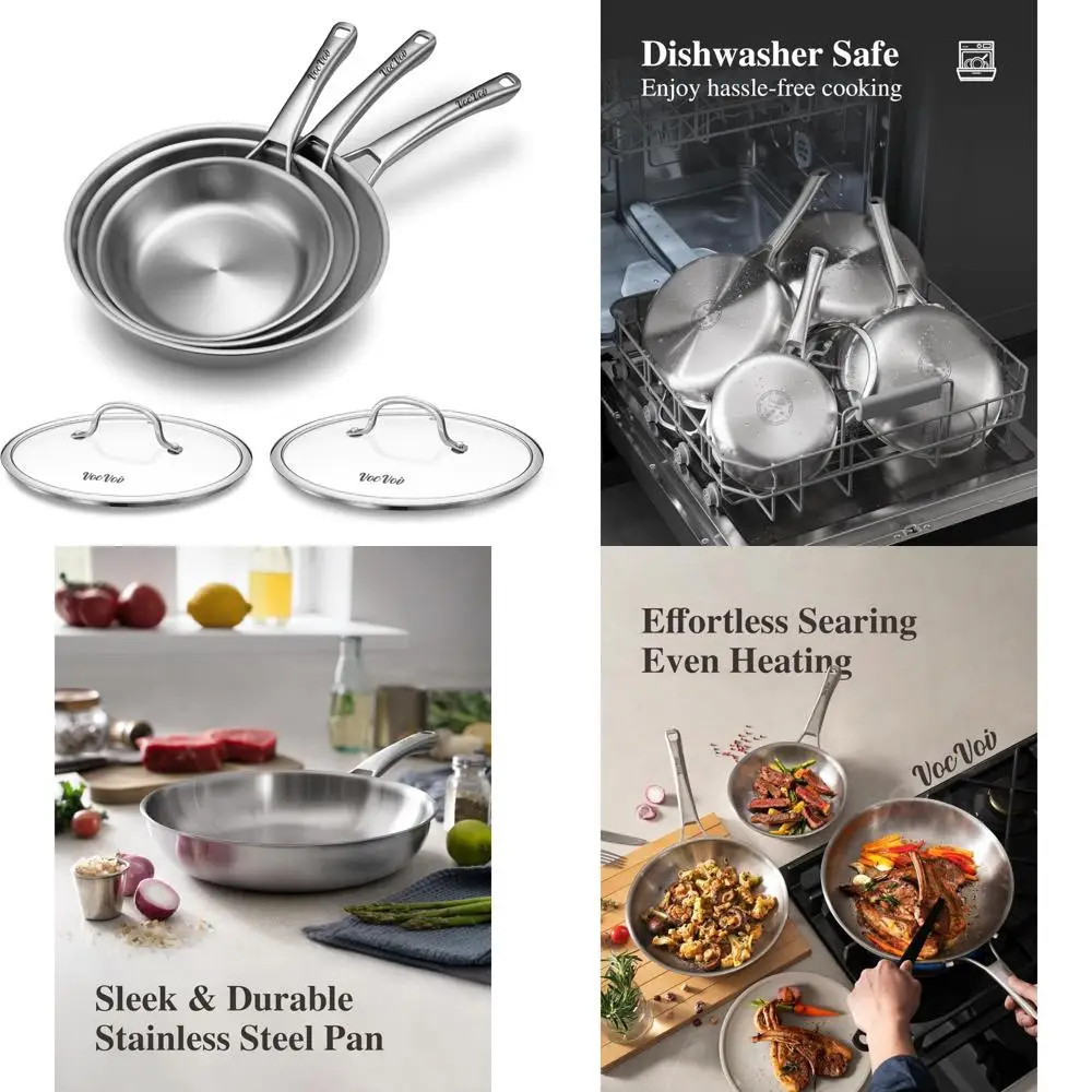 

Набор сковородок из нержавеющей стали, посуда с антипригарным покрытием, набор сковородок шеф-повара с крышкой, сковороды 8, 10 и 12 дюймов для приготовления пищи, индукционные