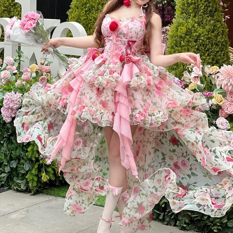 Japanese Harajuku lolita dress women fashion pink flower bow kawaii JSK dresses girls elegant chiffon backless Korean sexy dress