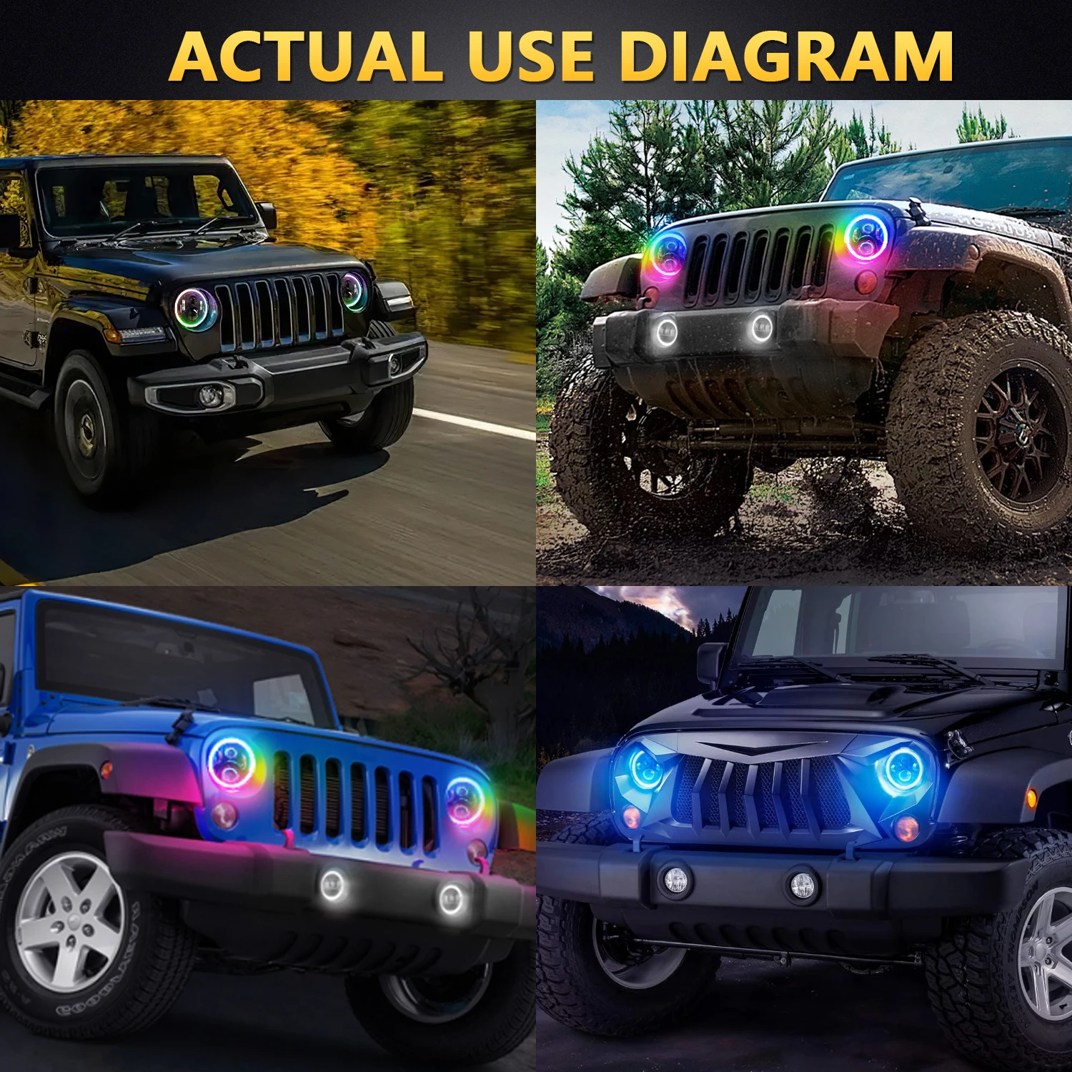 LED Colorful Headlight 7 Inch Wrangler Round Headlight High Power 200W 20000LM for Jeep Harley Universal Headlamp 6000K 12V 24V