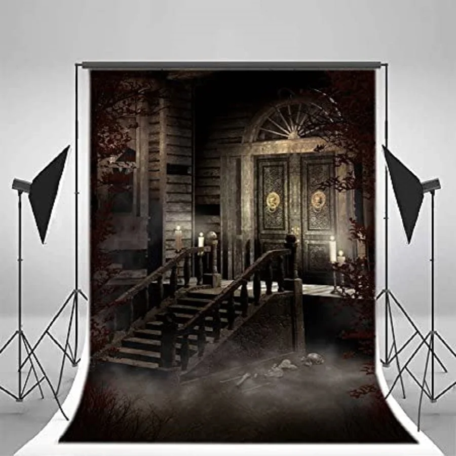 Photography Background Old Victorian House Spooky Night Candles Ornamented Door Scary Skulls Stone Stairway Halloween Western