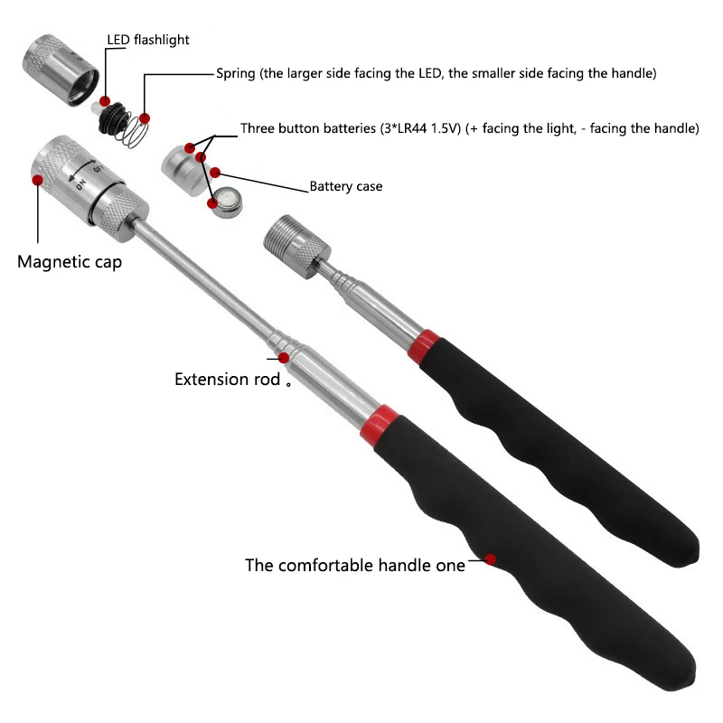 Metal Telescopic Magnetic Rod Portable Automotive Repair Tool with Light Used for Tightening Screws Nuts and Bolts