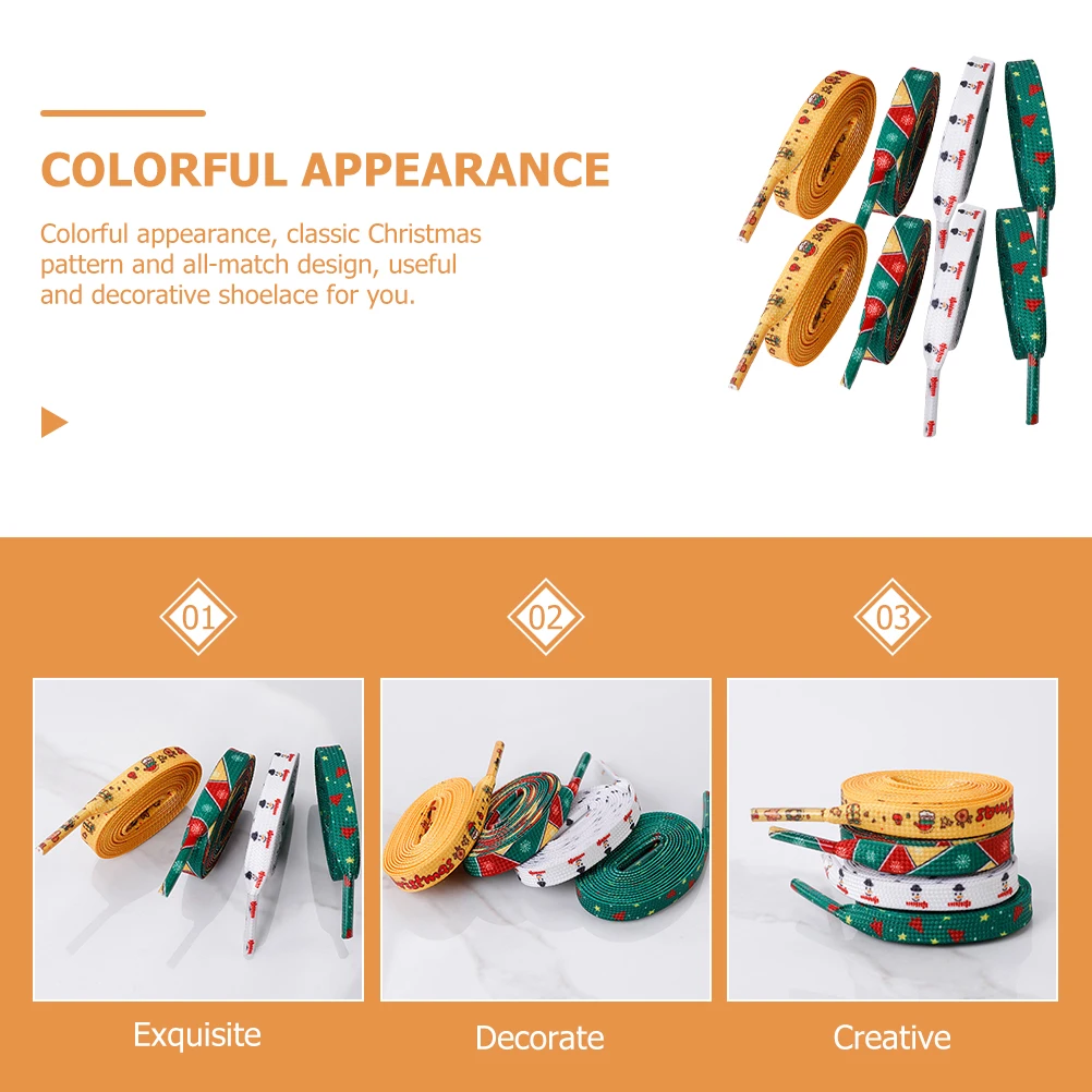 เชือกรองเท้าคริสต์มาสแบบแบน 4 ชิ้น เชือกรองเท้าสีสันสดใสสำหรับรองเท้าผ้าใบ รองเท้ากีฬา รองเท้าผู้ใหญ่ ใช้แทนเชือกรองเท้า ตกแต่งแฟชั่น