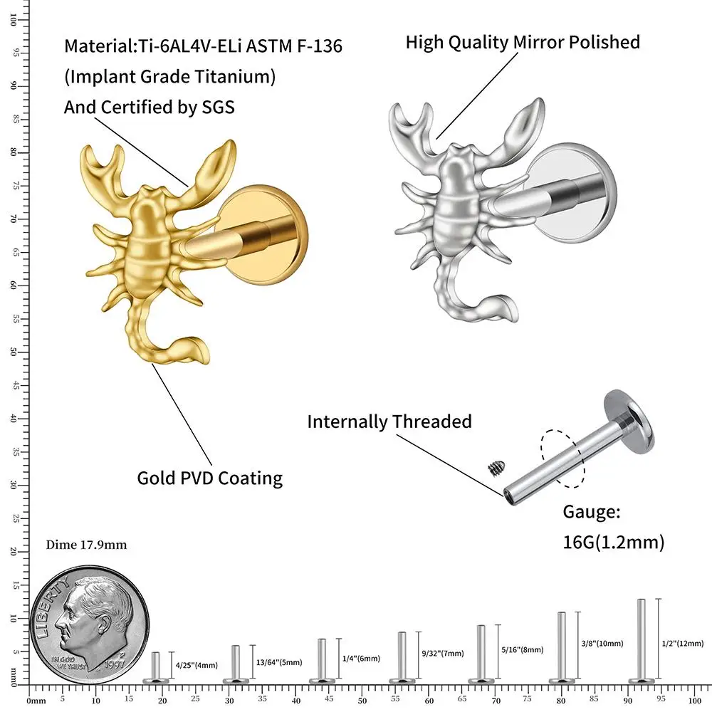 ASTM F136 التيتانيوم 16 جرام العقرب Labret مسمار مسطح زودياك القرط الزنمة الغضروف اللولب ثقب مجوهرات للجسم