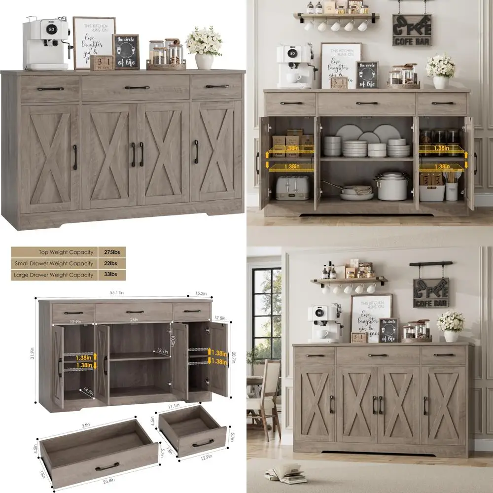 Large Modern Farmhouse Buffet Sideboard with Storage Shelves and Doors, 55-inch Coffee Table Cabinet