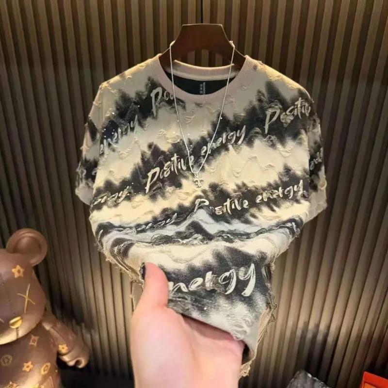 Summer Short Sleeve Distressed Letter Printed Gradient Tie-Dye Drill Street T Shirt Casual Tops Luxury Loose-Fit Stretchable Tee