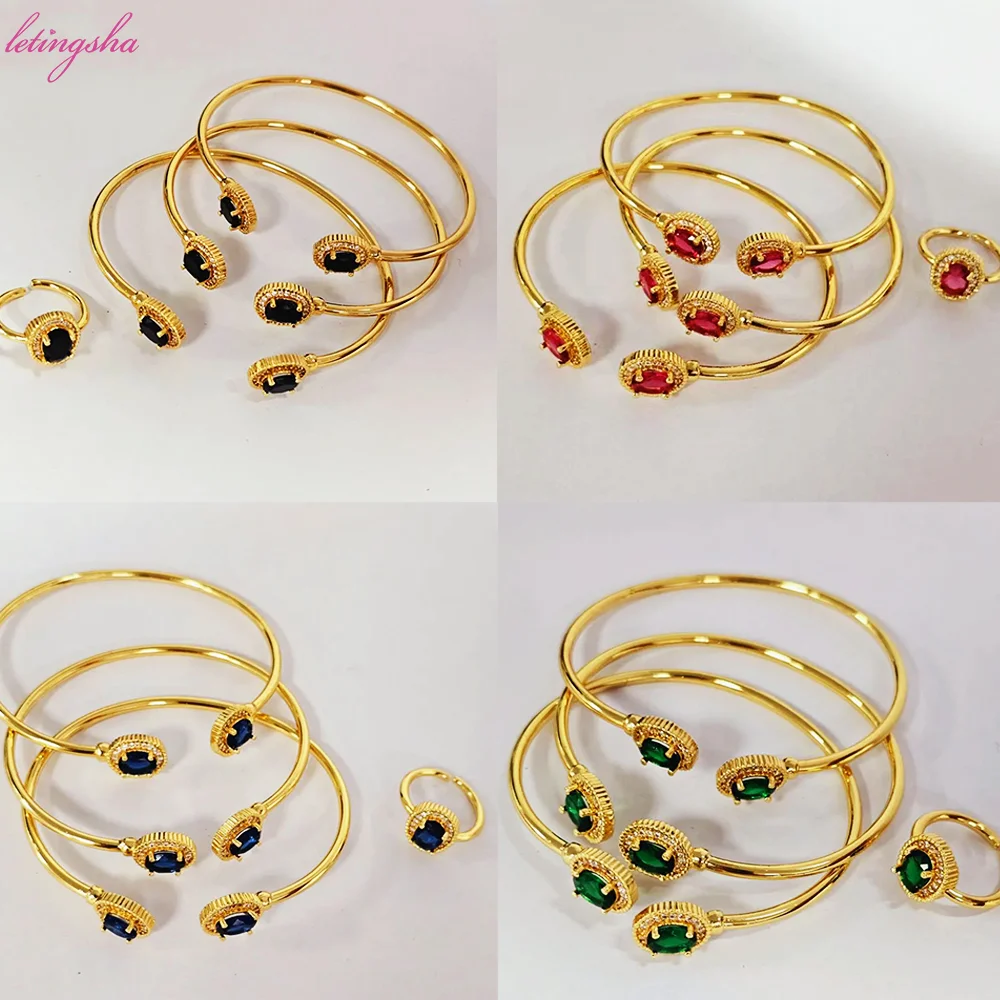 Crystal Women Bangles Ring Zircon Nigeria 3PCS Africa Fashion Bangle Jewelry Advanced Shine Gold Plated Cuff Bracelet Banquet