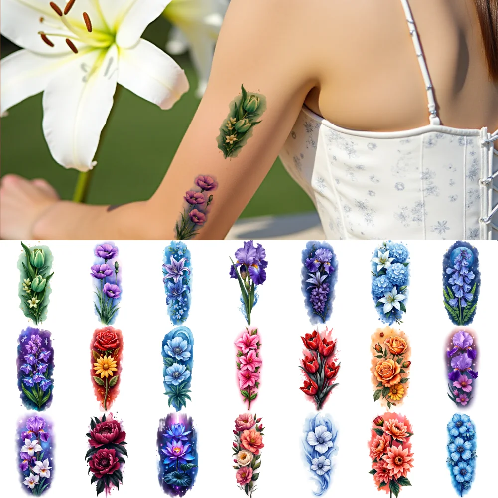 

9pcs Temporary Tattoo Orchid Realistic Temporary Tattoos Peony Marigold Waterproof Long-lasting Body Stickers Lilac For Adult