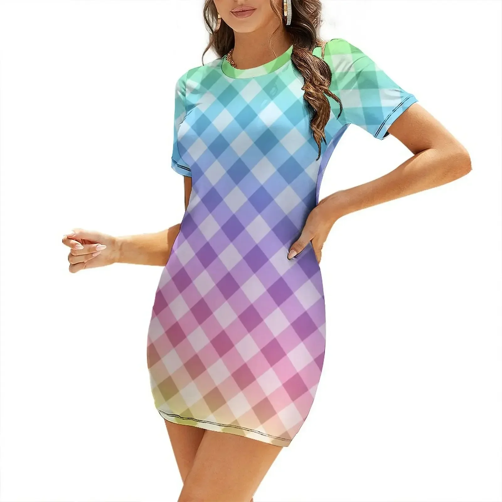 Pastel Rainbow Ombre Flannel Checkered Gingham Design Short-Sleeved Dress dresses for women