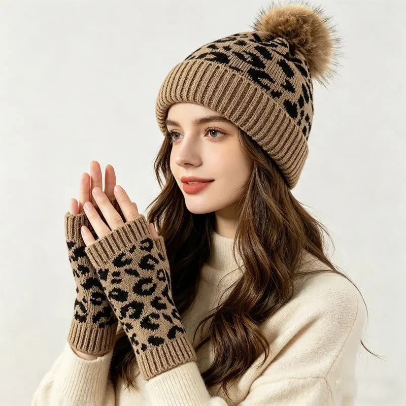New Fashion Pom‑pom Leopard Print Beanies for Women and Men Winter Thick Plush Warm Ear‑Protective Knit Gloves 2‑Pcs Set