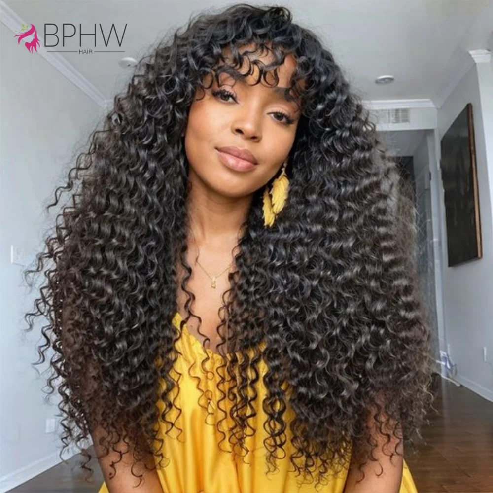 BPHW Natural Curly Wig With Bangs Curly Hair Long Brazilian Full Machine Made Wigs Human Hair Wigs For Black Women Cheap Wigs