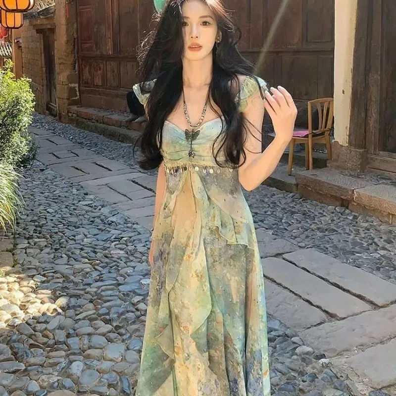 Mode Elegante Damen Kleider Sommer Neue Sexy Ärmellose Blumen Midi Kleid Boho Strand Casual Süße Fee Kleidung Frauen