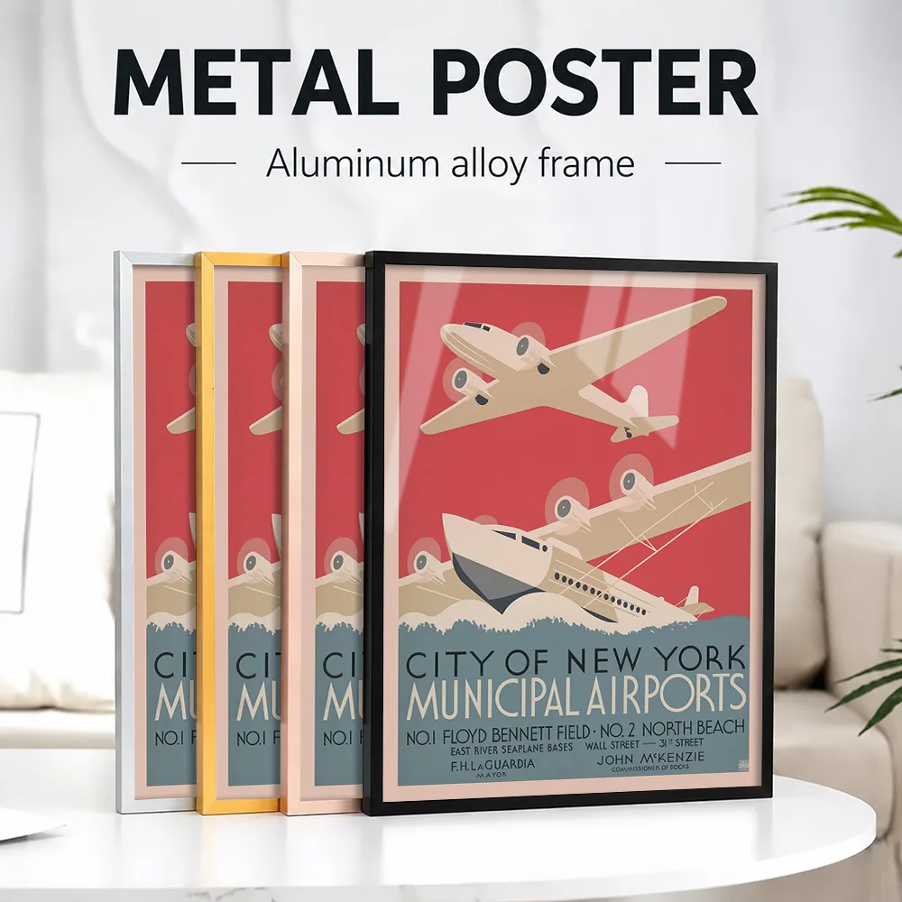 Vintage NYC New York Airports Travel Framed Metal Print Personalized Photo Retro Tourism Style Wall Art For Study Explorer Gift