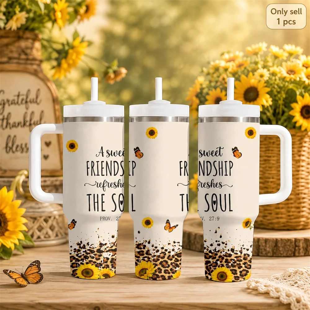 Friendship Sunflower Vacuum Flasks 40oz Portable Stainless Steel Tumbler with Handle Straw Double Wall Insulated Leakproof Mug