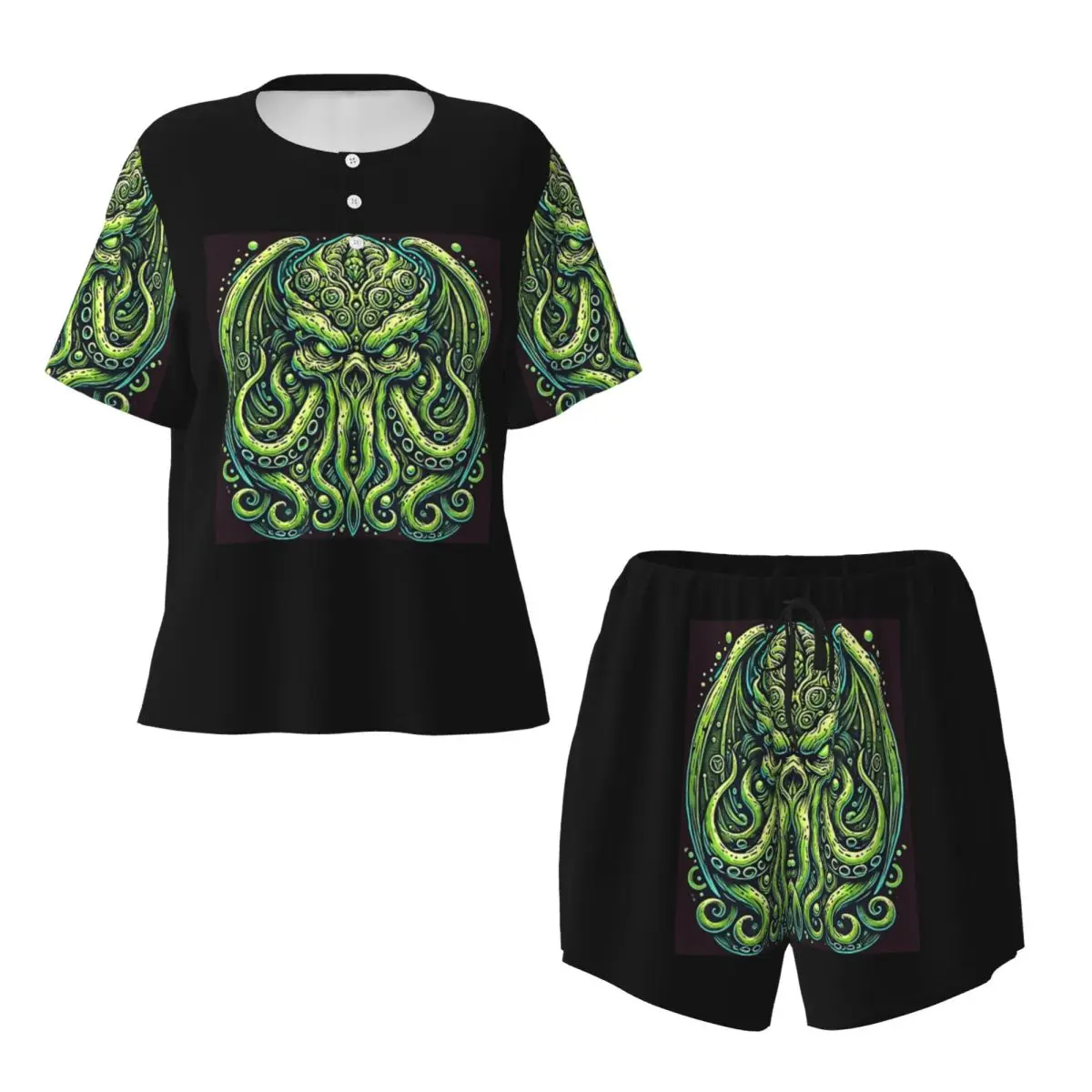 Green Cthulhu Octopus With Tentacles And Teeth Round Neck Short Sleeve Nightgowns for Sleeping Sleepshirts Women Loose