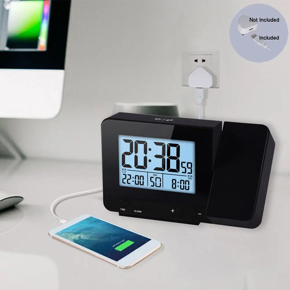 

Projection LED Alarm Clock Digital Wall Shadow USB Multi Function Standing Time Temp Display Rechargeable Dual Alarm Rotatable