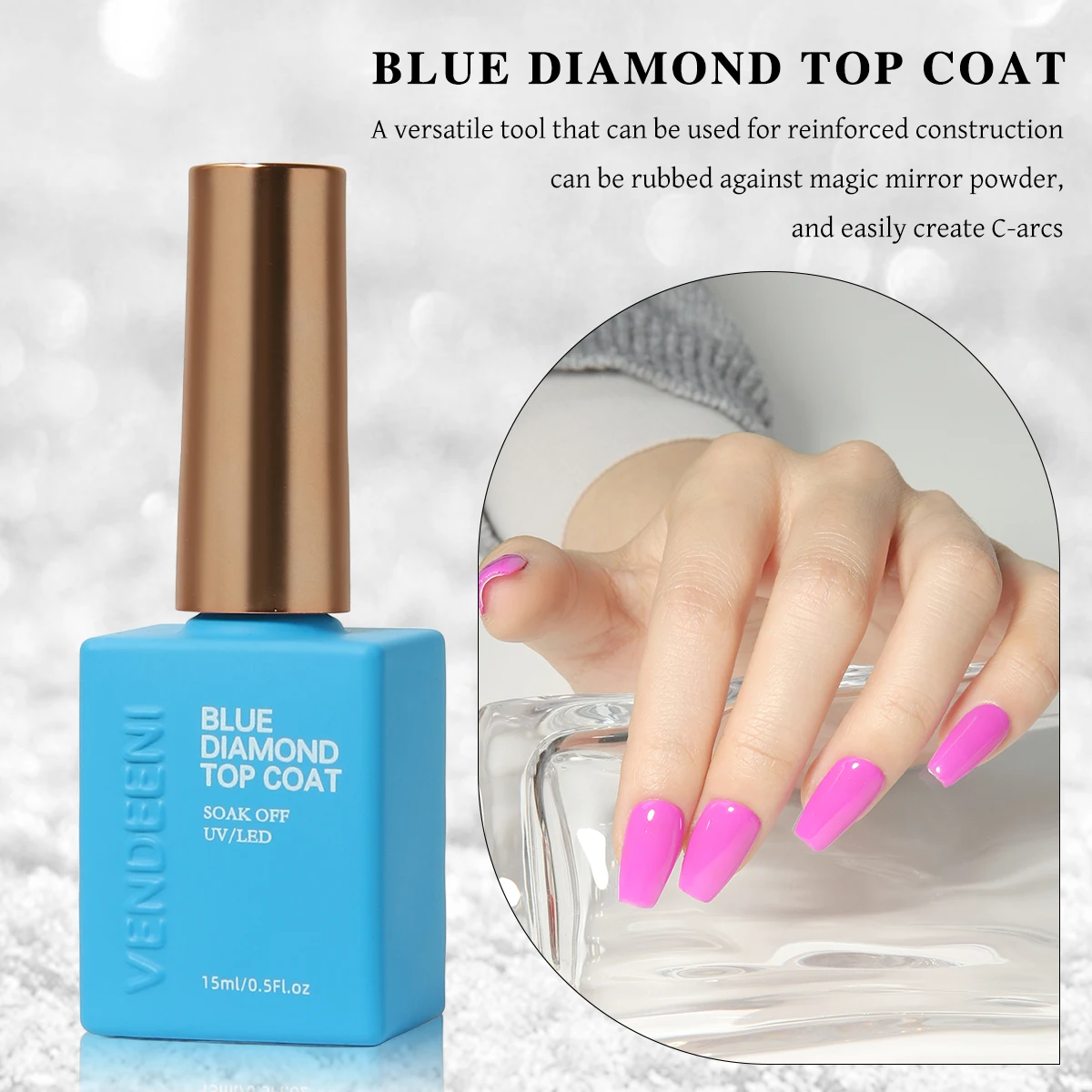 ヴェンディーニ ODM/OEM 無料カスタムプライベートデザイン 新トレンド ブルーダイヤモンド トップコート ジェルネイルポリッシュ 15ml スーパーシャイン ダイヤモンドトップコート