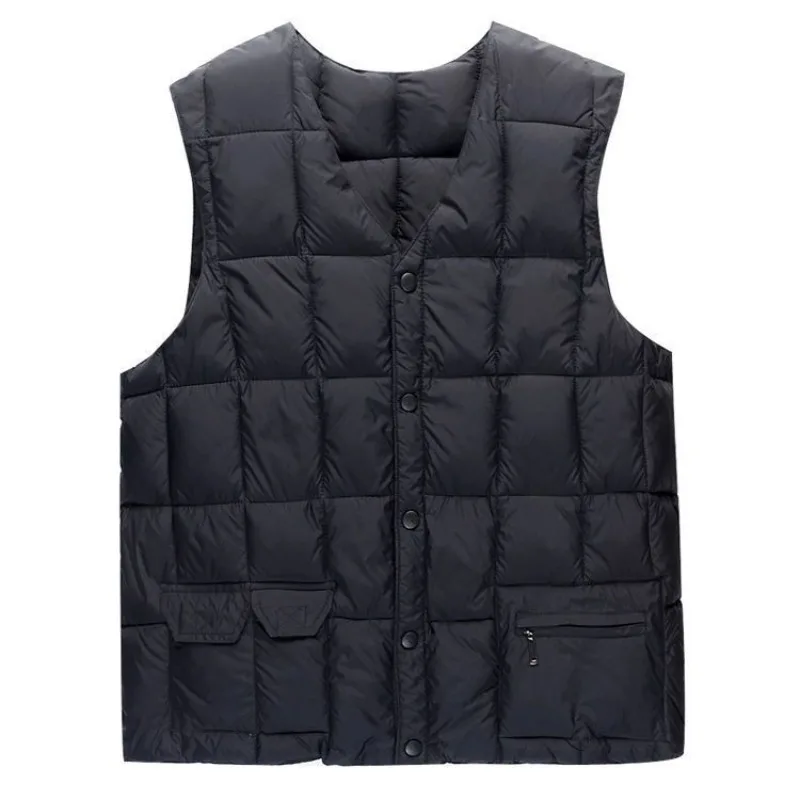 Men‘s Down Vest Jacket Winter Warm Sleeveless Tops Thickened Wear-resistant Zipper Coat Solid Lattice V-neck Loose Vests