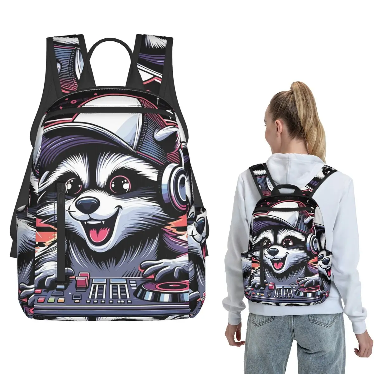 

Neon Raccoon DJ With Animal Party Backpack Daypack Boys Girls BookBag School Bag Shoulder Bags for Men Women