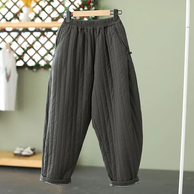 2023 Winter Warm Clip Cotton Thickened Retro Down Cotton Pants for Women\'s Outwear Elastic Waist Loose Relaxed Pants